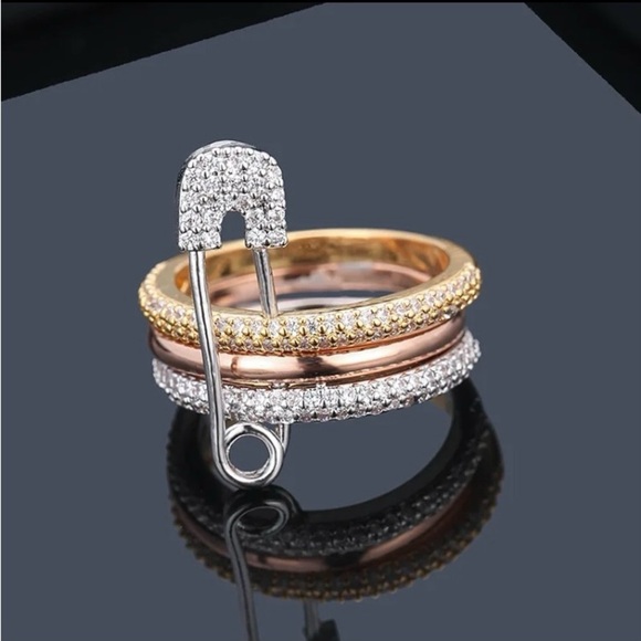 🆕 Cubic Zirconia Gold Silver & Rose Gold Tone Safety Pin Multi Layer Ring - Picture 5 of 7